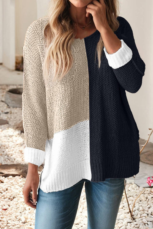 Black Color Block Knit V Neck Loose Sweater
