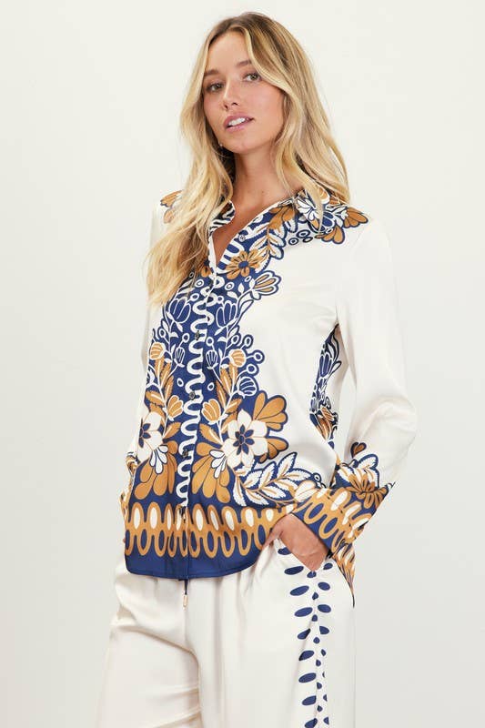 Mustard-Navy Printed Border Button-Down Blouse-146056
