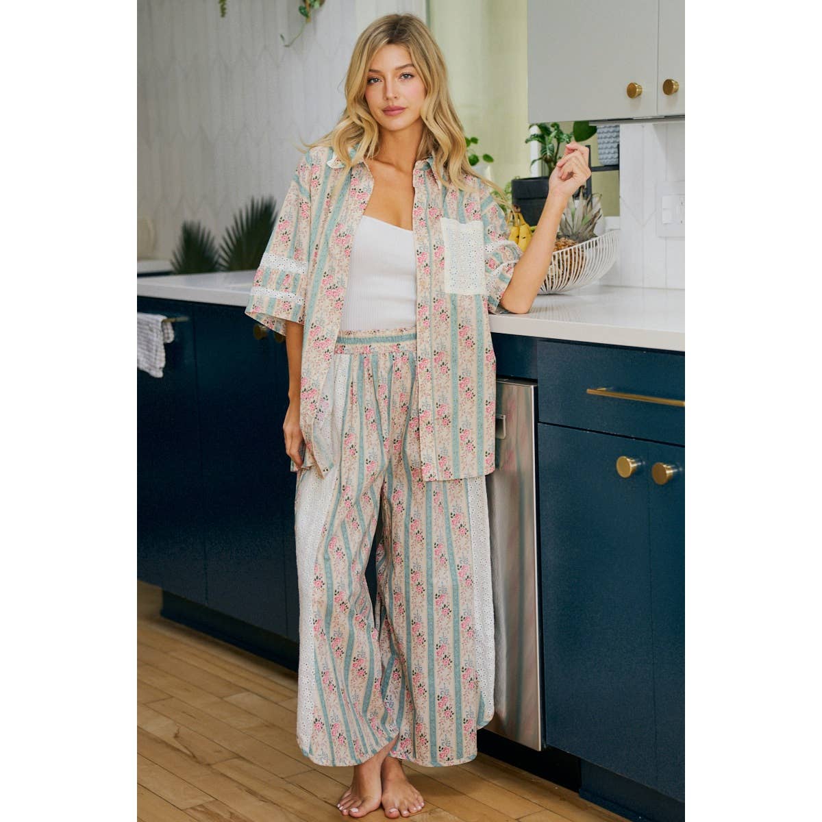 Teal w/ Pink Floral Eyelet Side Wide Leg Pants-141889