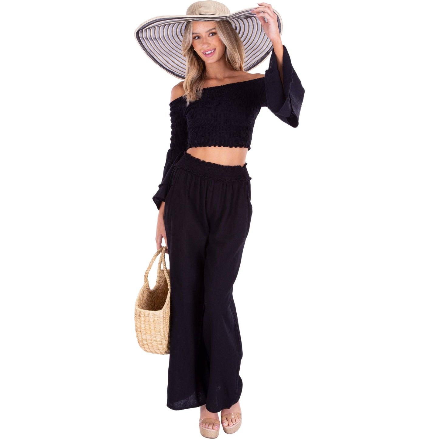 Black Smocked Waist Cotton Wide Leg Pants-131379
