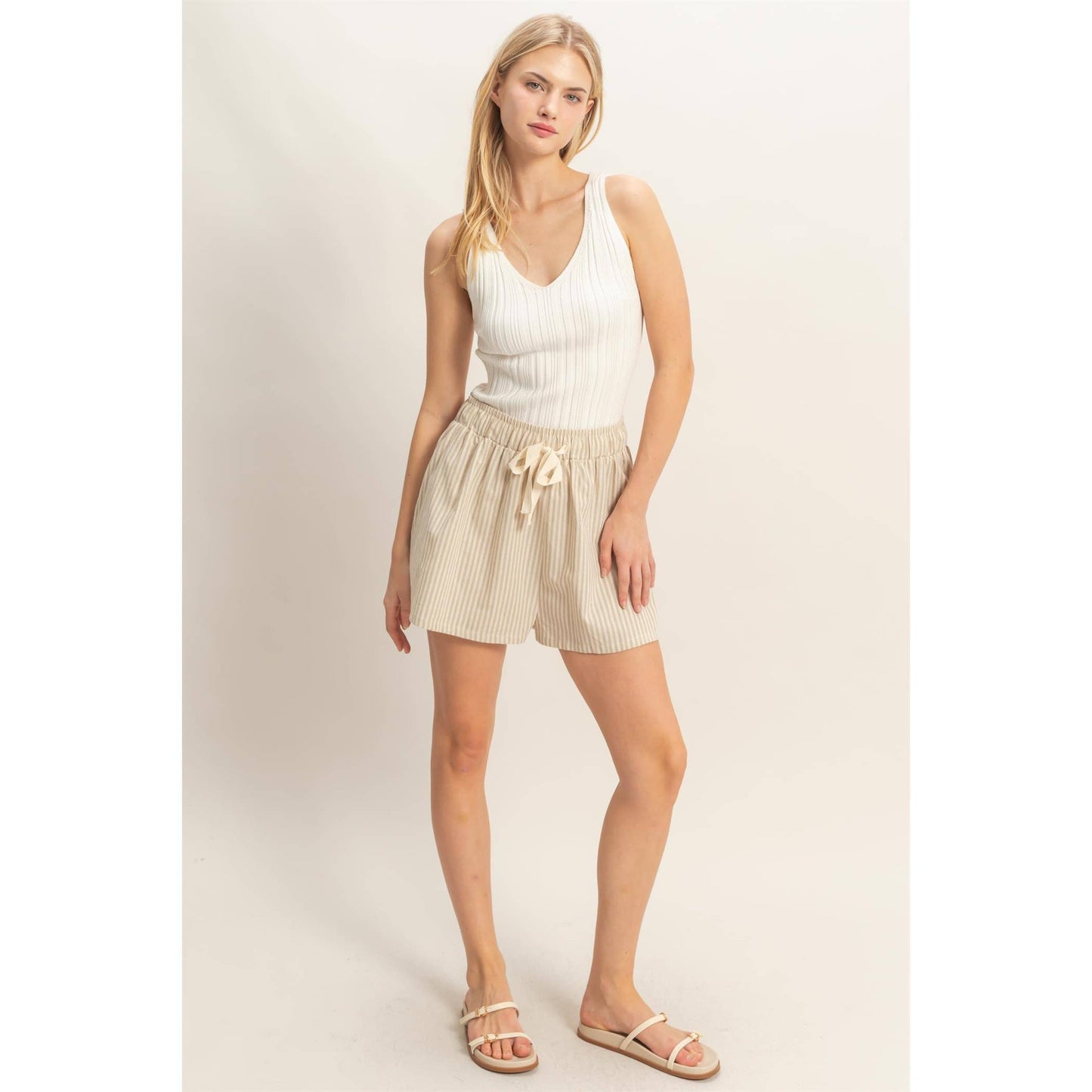 Beige Striped Elastic Tie Waist Shorts - 11001