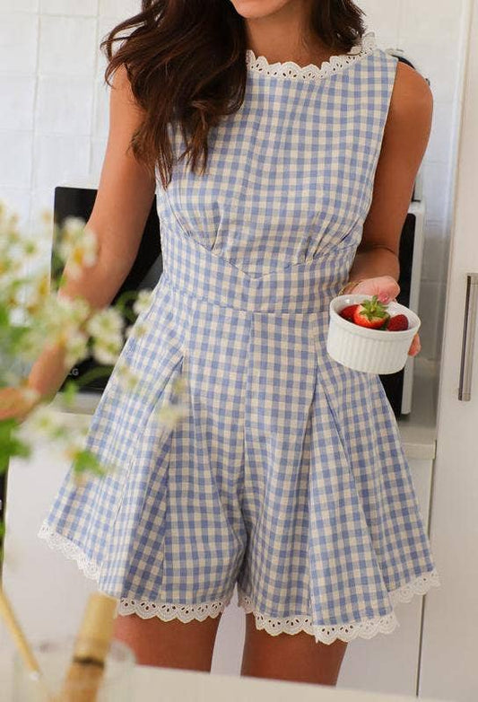 Blue Gingham Lace-Trimmed Romper-220188