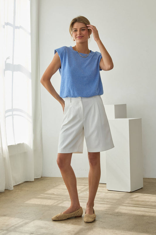 Blue Stripe Knit Bubble Hem Tank Top-144741
