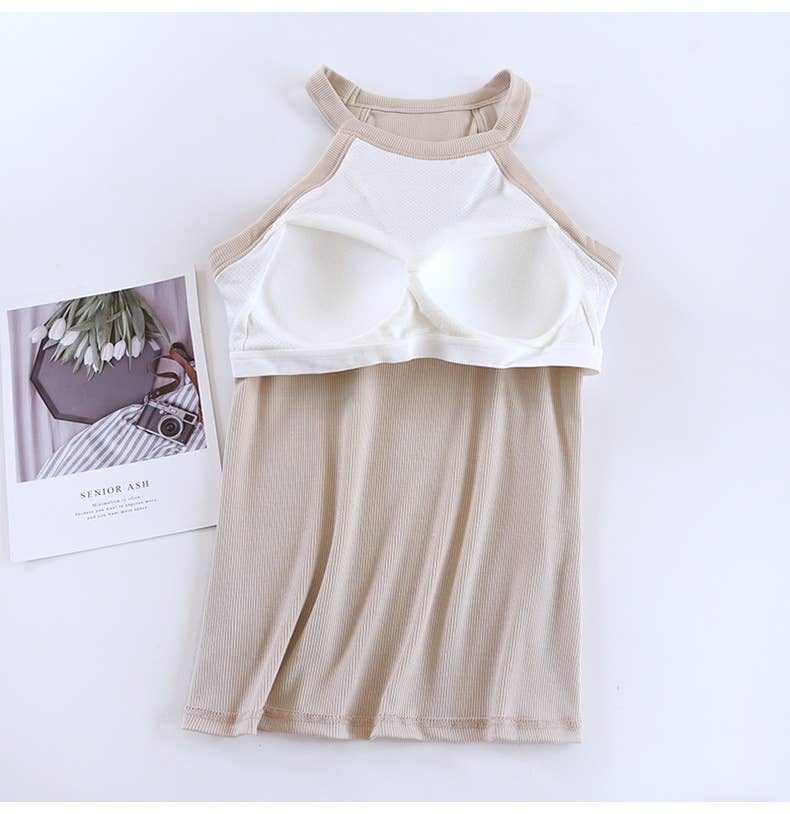 Black Round Neck Halter Built-In Bra Tank Top- 180444