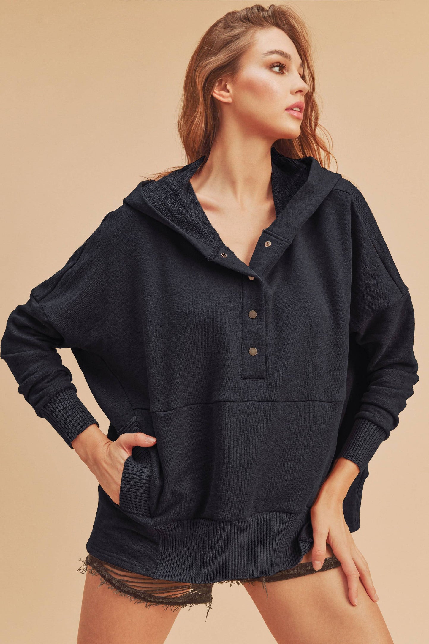 Beige Vivi Hoodie Pullover with Front Pouch Pocket and Thumb Hole Cuffs