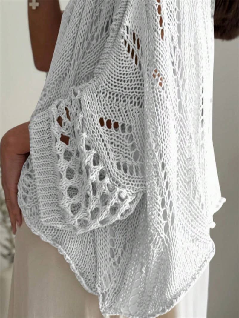White Bohemian 3/4 Sleeve Loose Hollow Knit Top - 148236
