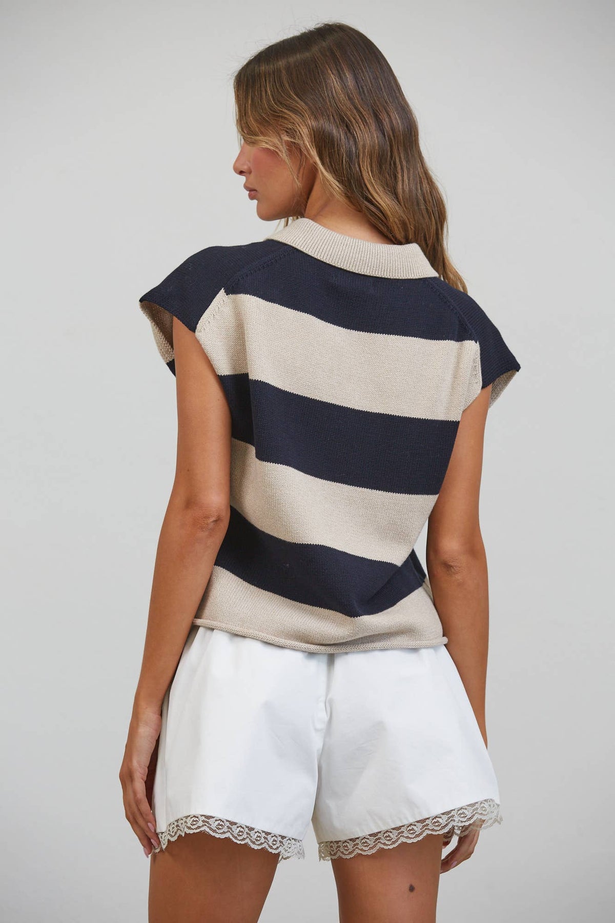 Beige & Black Striped Cotton Polo Sweater Top-145939