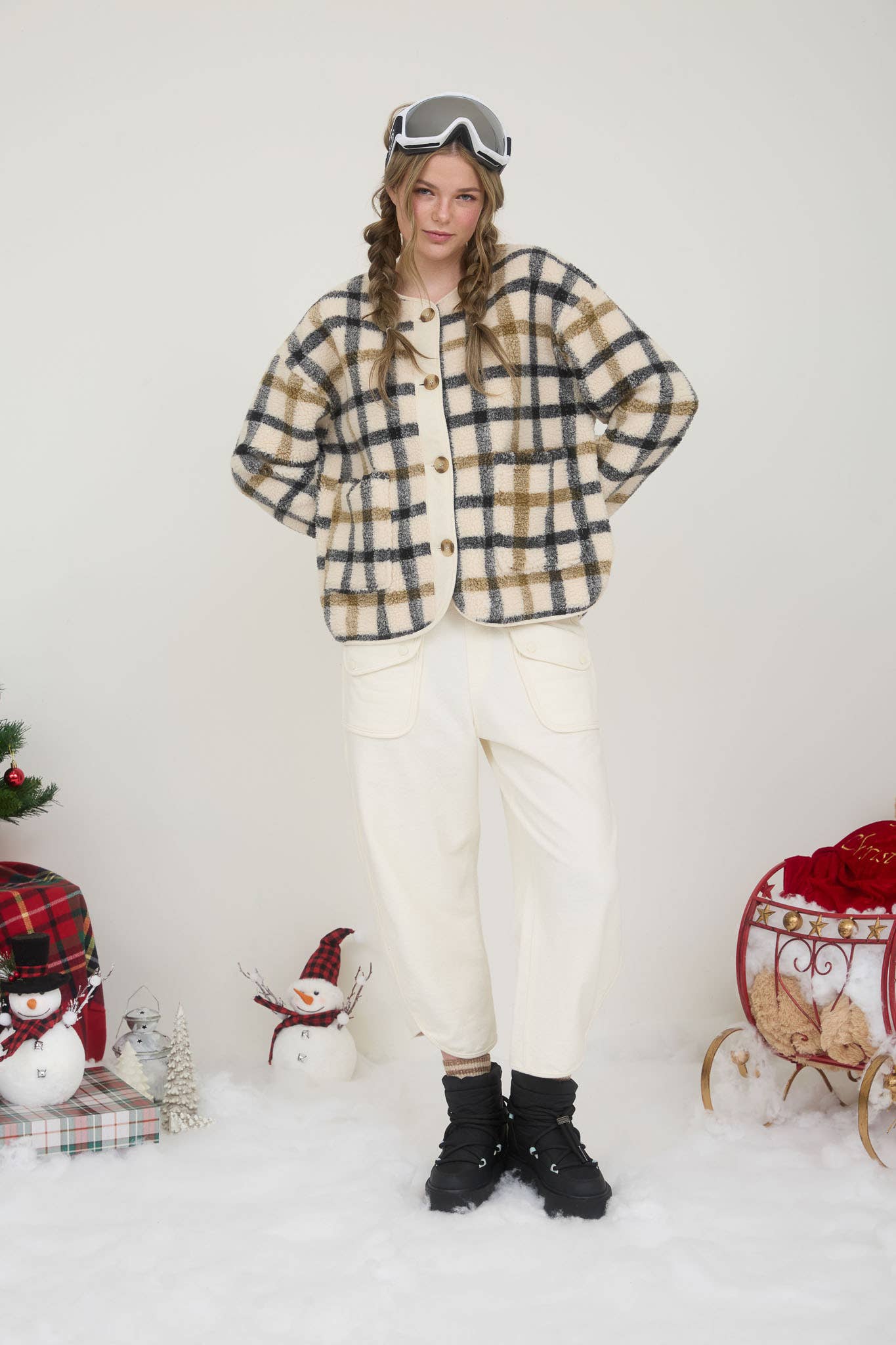 Cream Cozy Plaid Button Down "Teddy" Sherpa Jacket