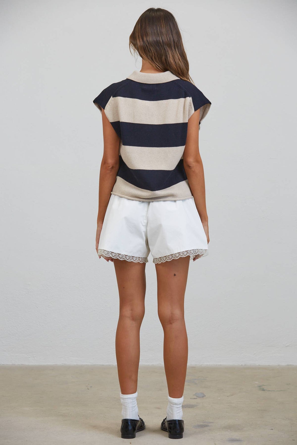 Beige & Black Striped Cotton Polo Sweater Top-145939