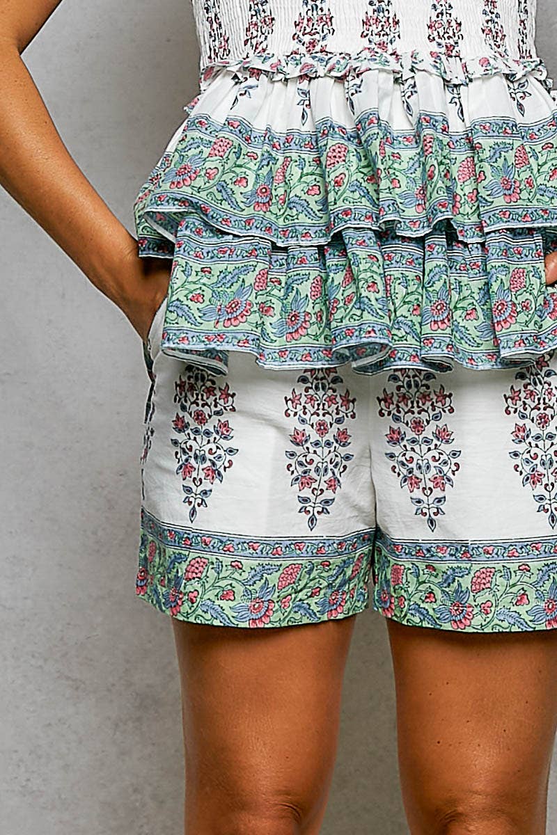 Green Floral Straight Fit Woven Shorts-112627