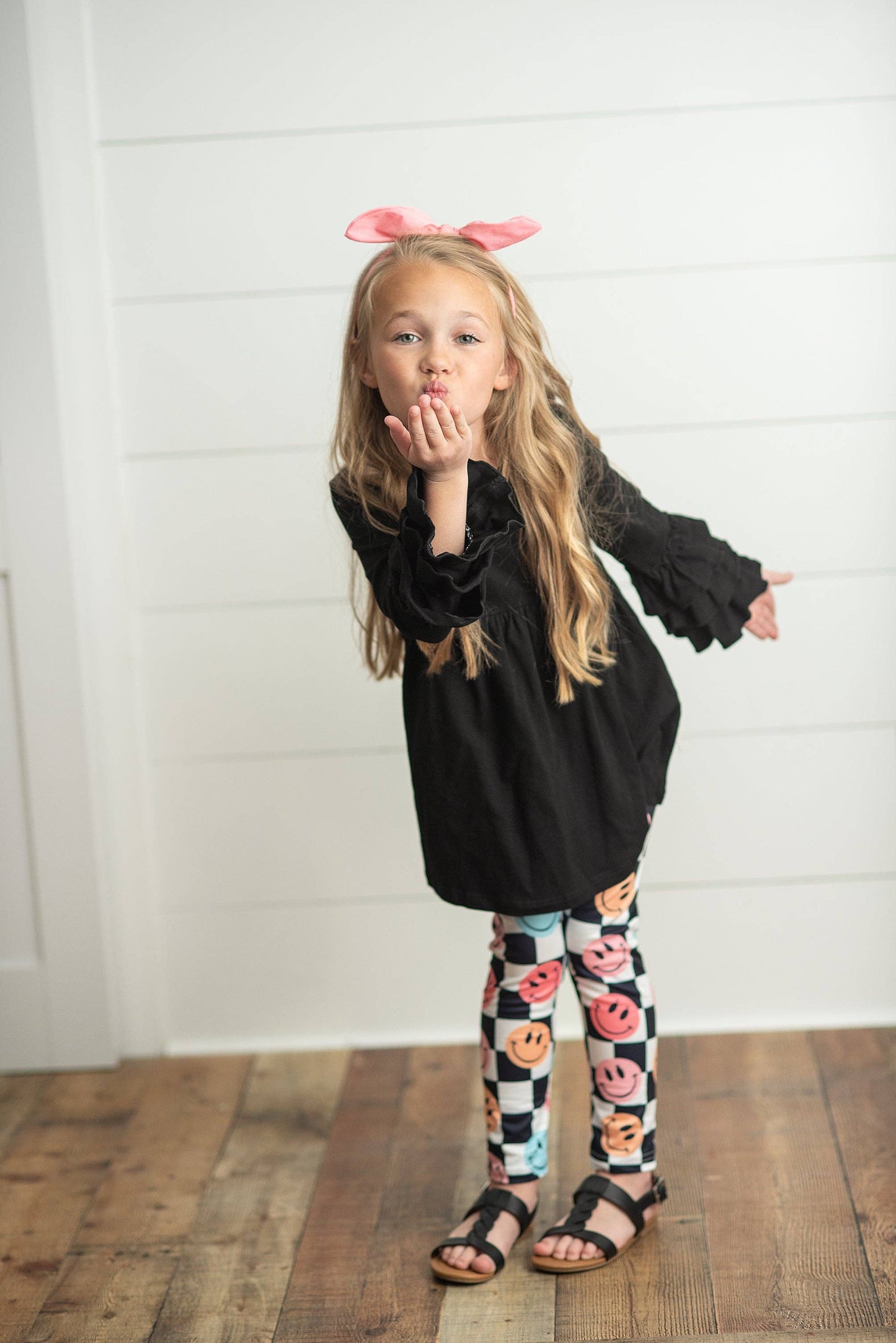 Black Ruffle Top with Black & White Check Smiley Face Leggings Set