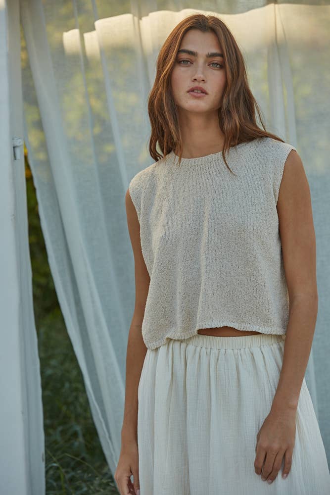 Beige Knit Sweater Crew Neck Sleeveless Crop Top - 151444