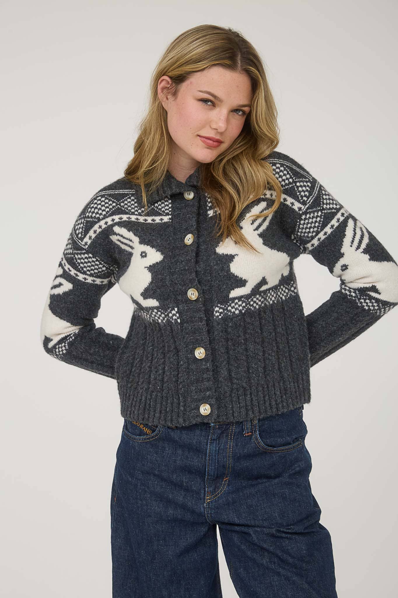 Charcoal and White with Bunny Detail Jacquard Collared Knit Cardigan