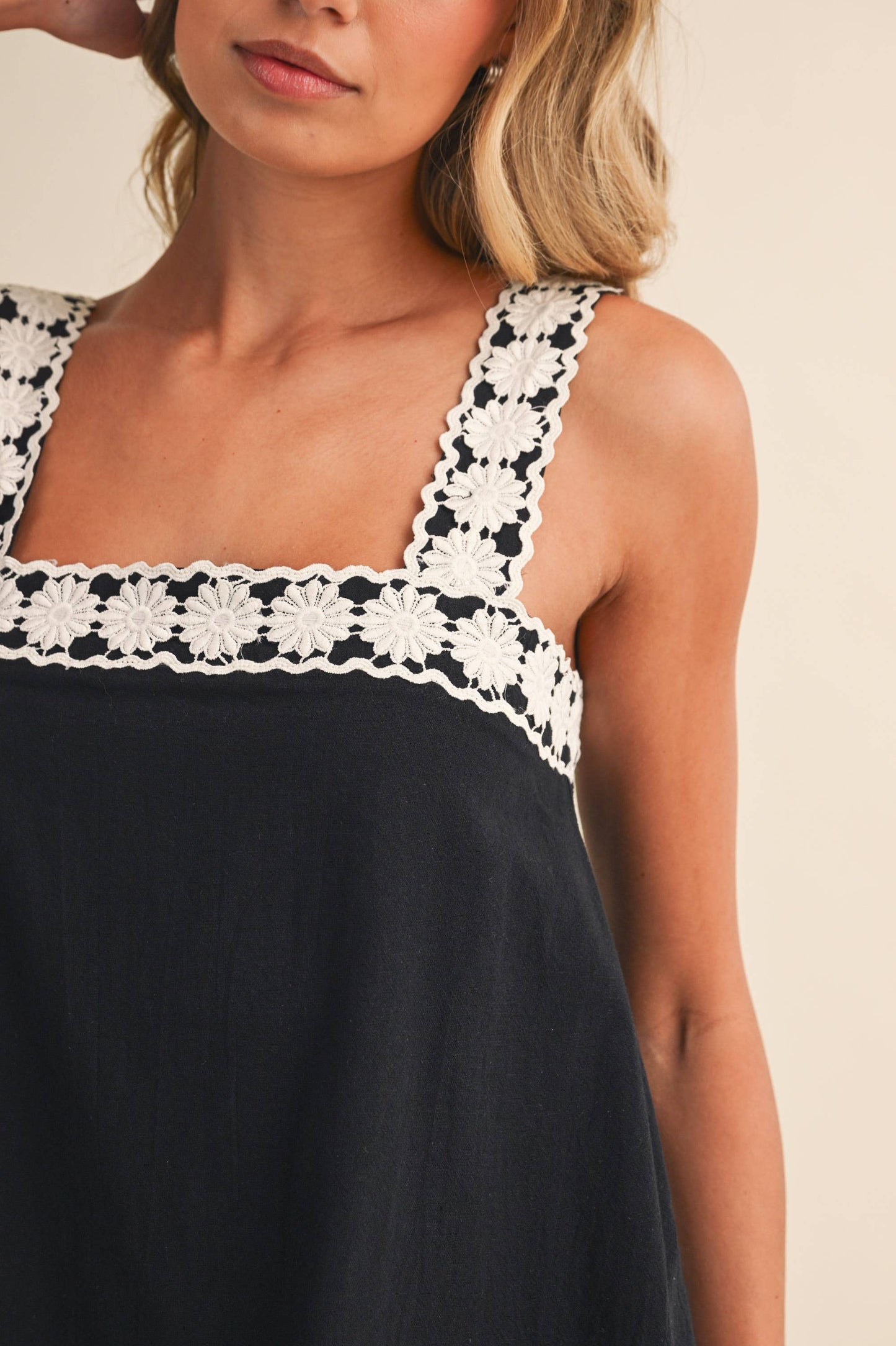 Black with White Detail Trim Linen Dress - 120145