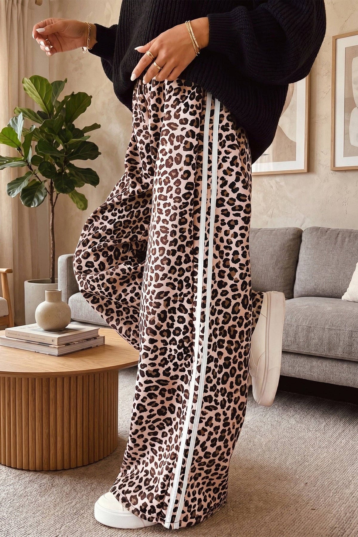 Beige Leopard Print Casual Wide Leg Pants-131520
