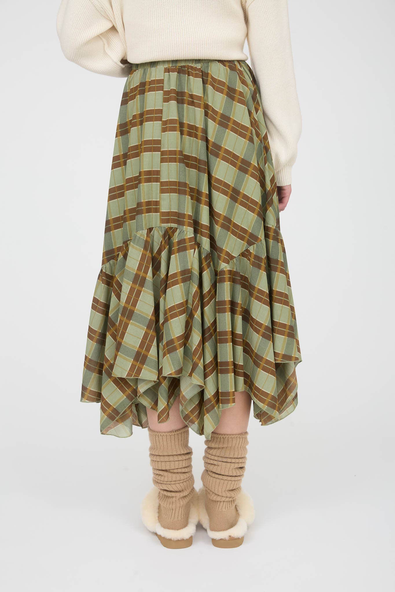 Green Plaid Ruffle Handkerchief Hem Midi Skirt