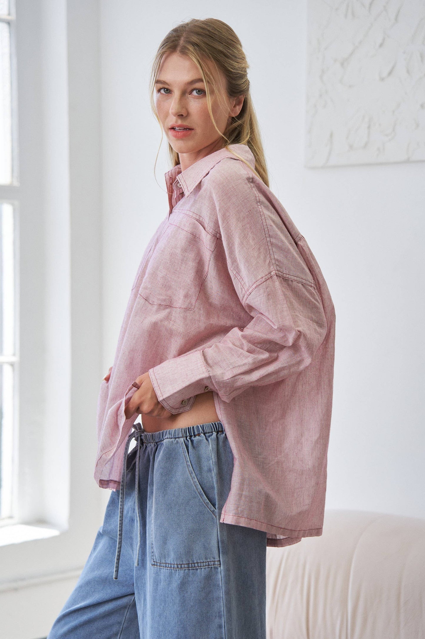Red Mira Lightweight Sheer Oversized Button-Up Shirt