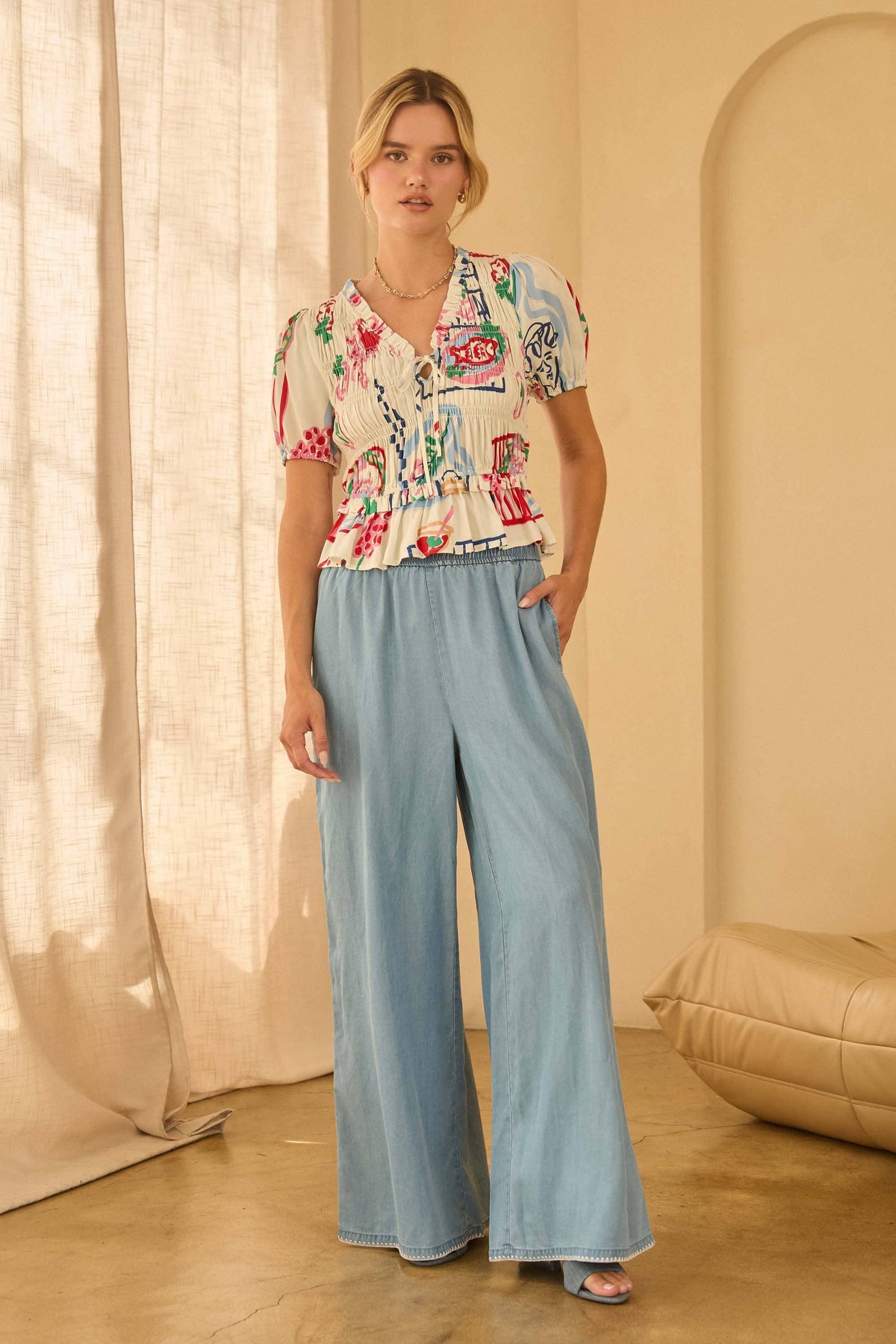 White w/ Mulit Color Printed Short Sleeve Peplum Top- 144720
