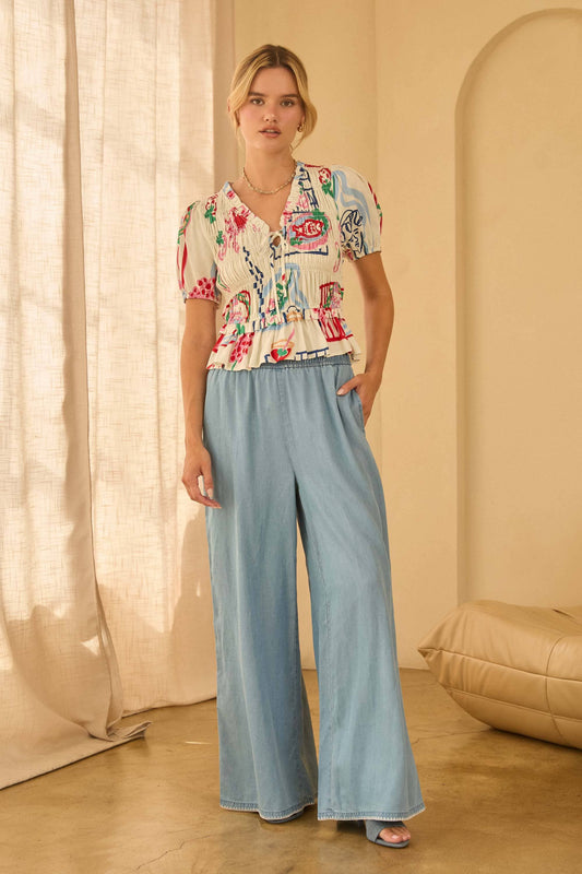 White w/ Mulit Color Printed Short Sleeve Peplum Top- 144720