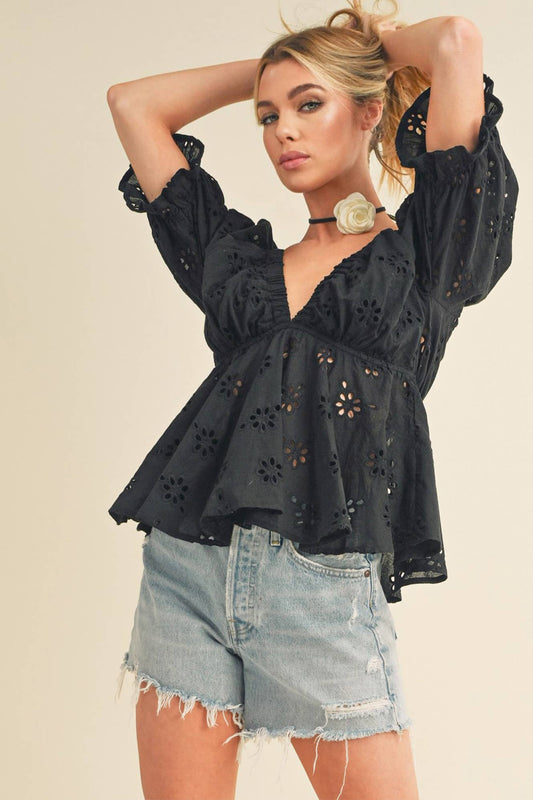 Black Hazle Eyelet Embroidered Top -148290