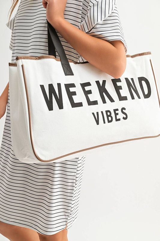 White 'Weekend Vibes' Canvas Tote-BH0351
