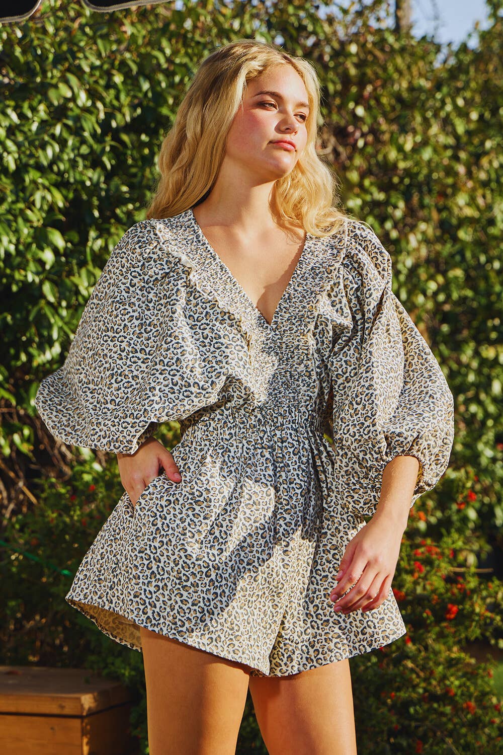 Cream Leopard Print Ruffled Romper-125268