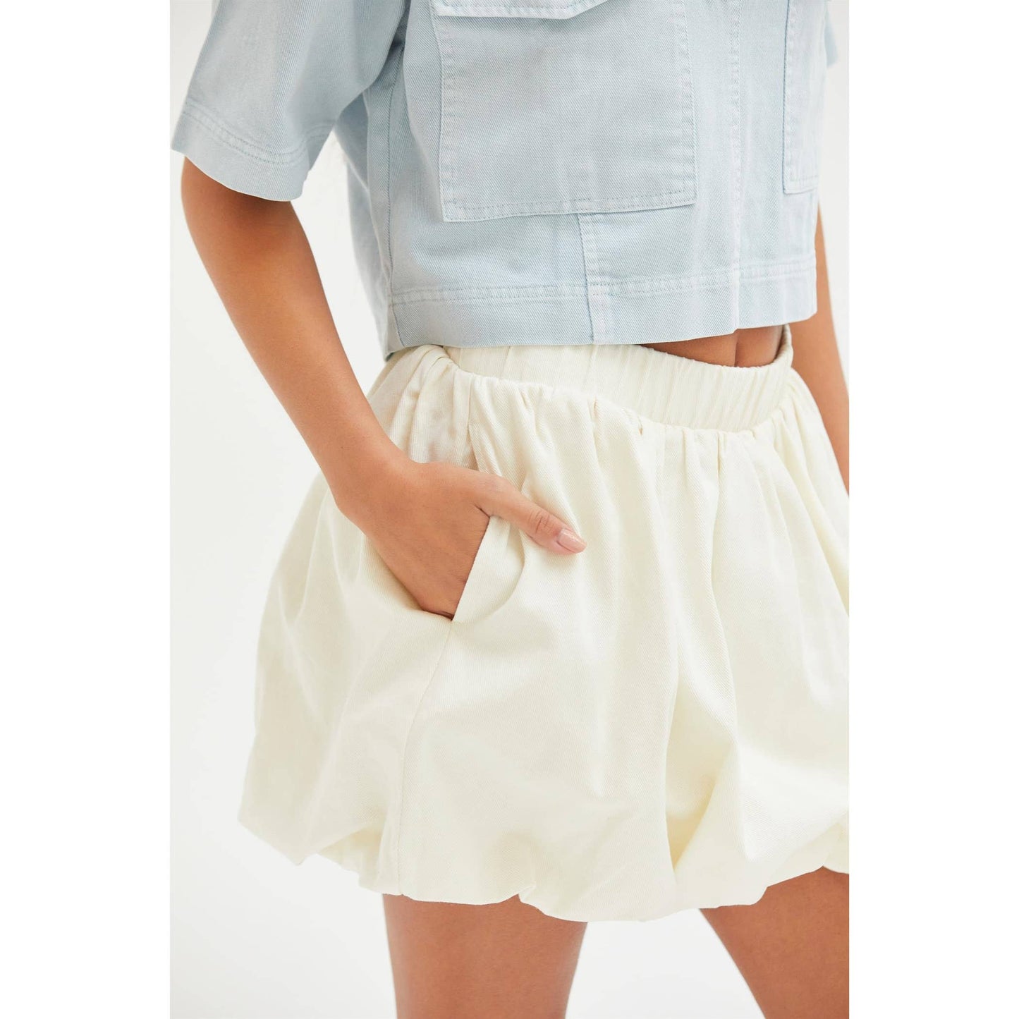 Trendy High Waist Woven Bubble Skirt: CREAM