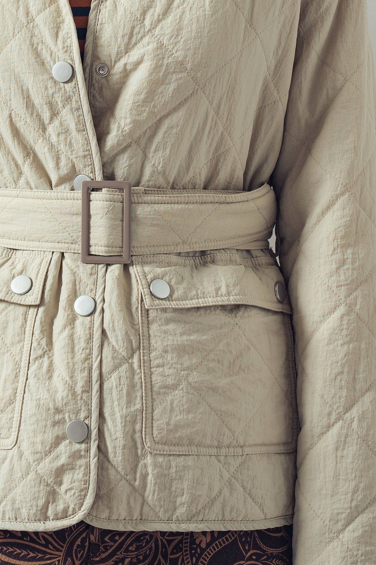 Lt Khaki Lauren Belted Diamond-Quilted Snap-Front Jacket