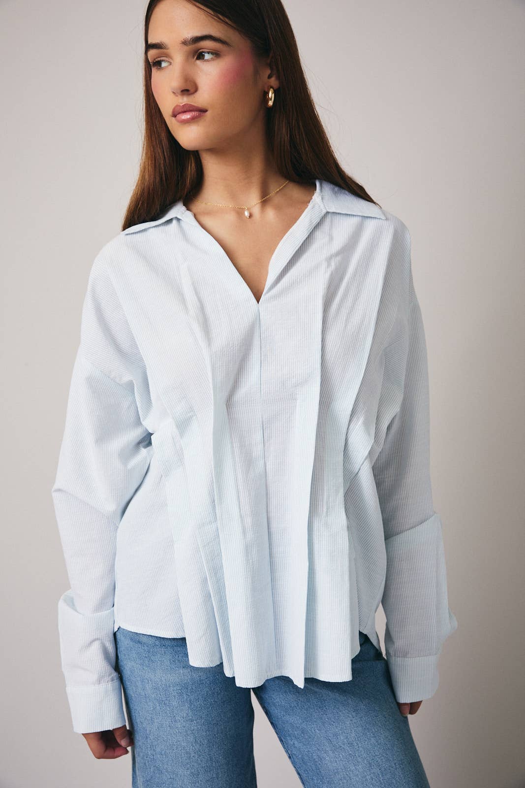 Blue and White Pleated Cotton Shirt- 142065