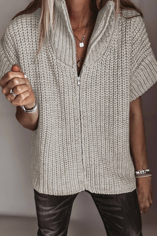 Light Stone Short Sleeve Zip-up Knit Sweater-