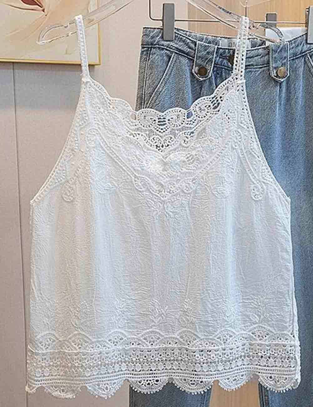 White Lace Embroidery String Shoulder Cami Top-188788