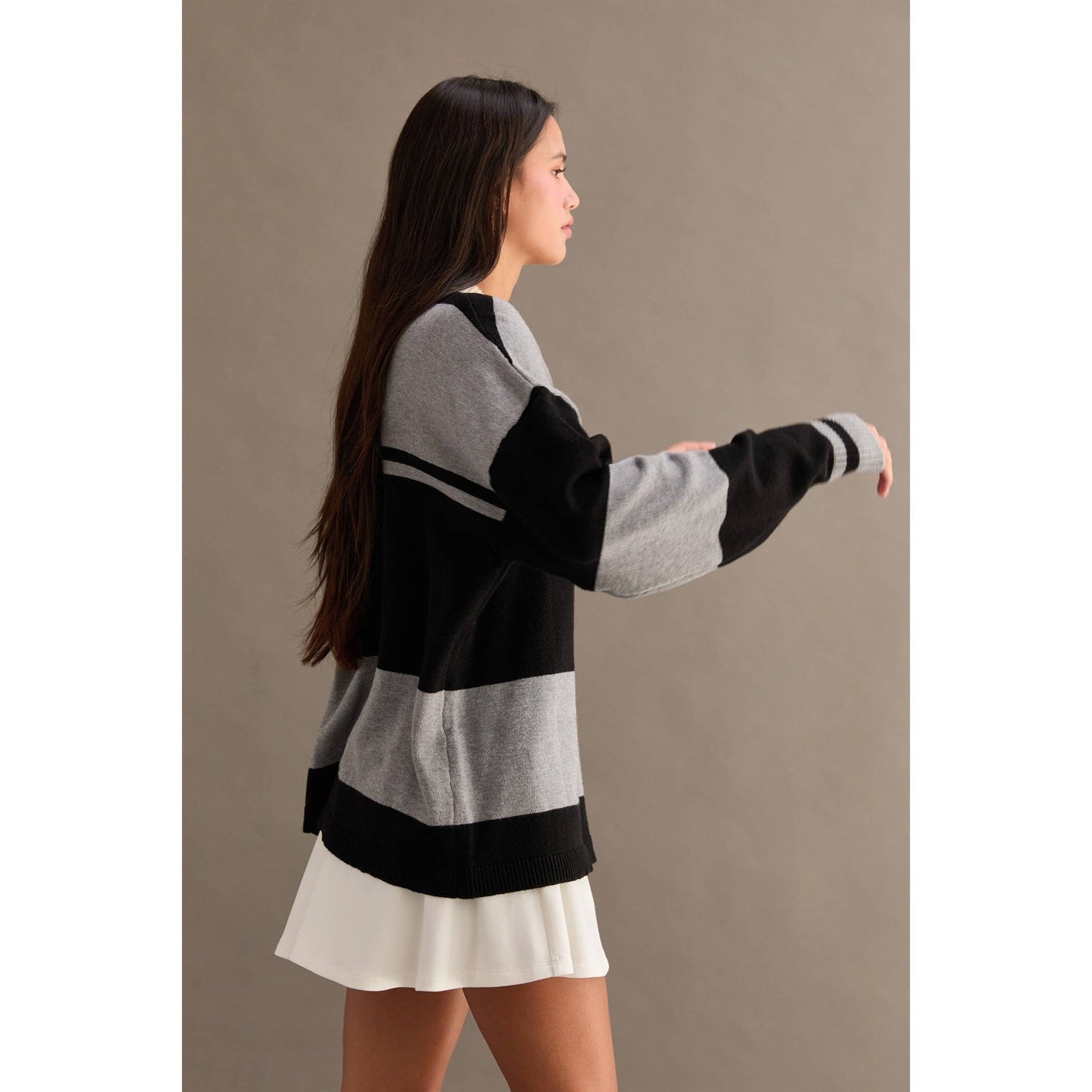 Polo Collar Black and Heather Grey Striped Sweater