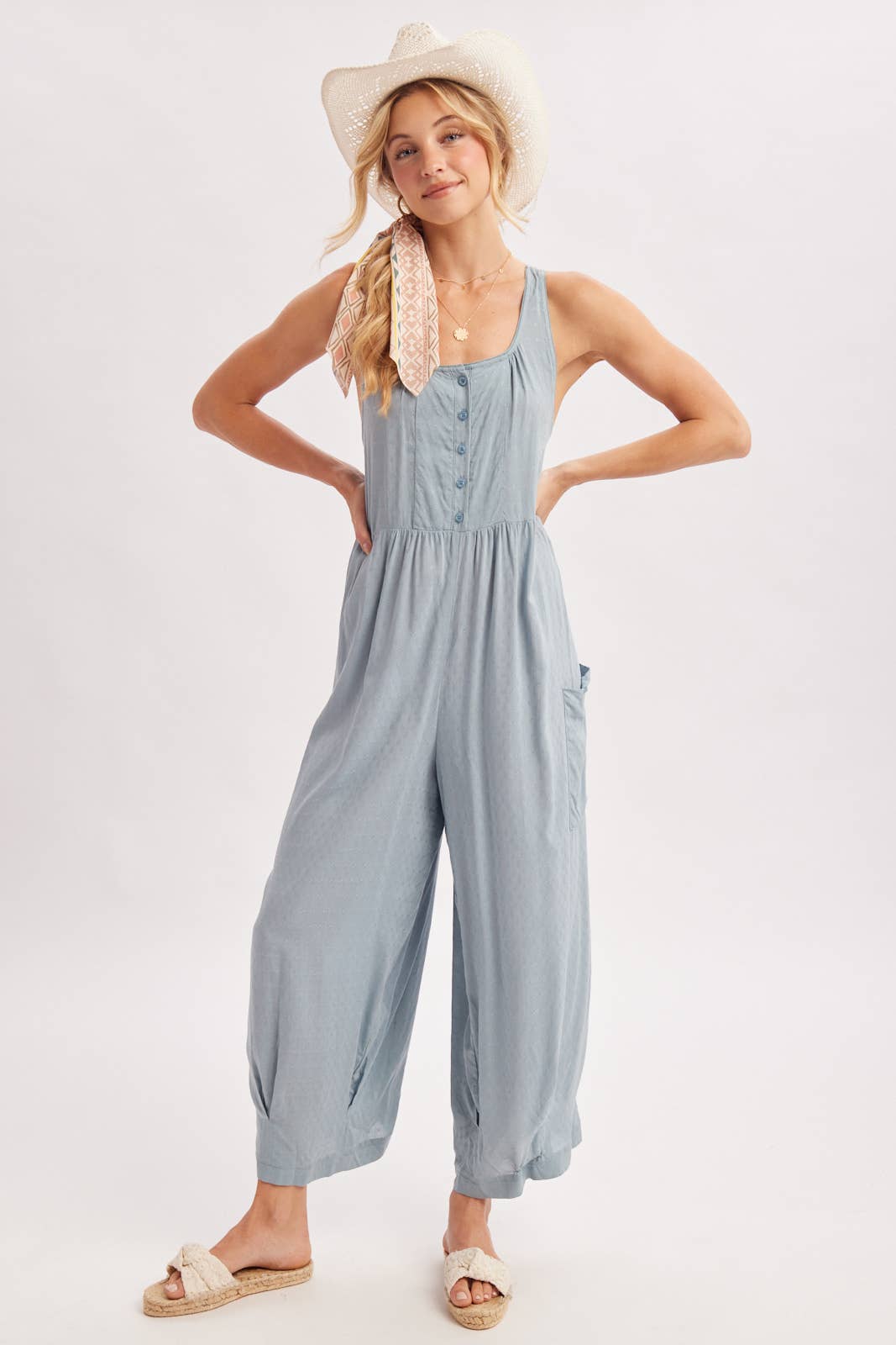 Chambray Boho Cross-Back Jumpsuit-133181
