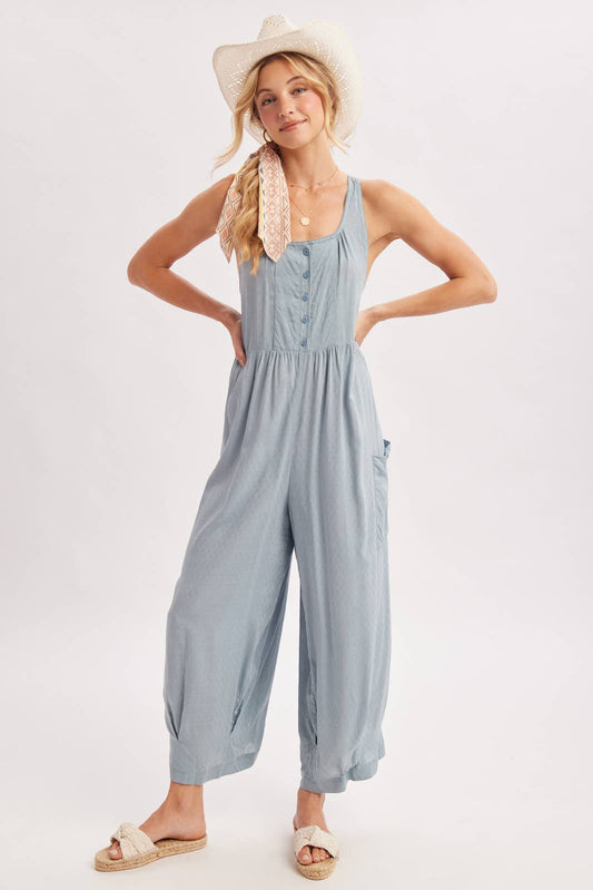 Chambray Boho Cross-Back Jumpsuit-133181