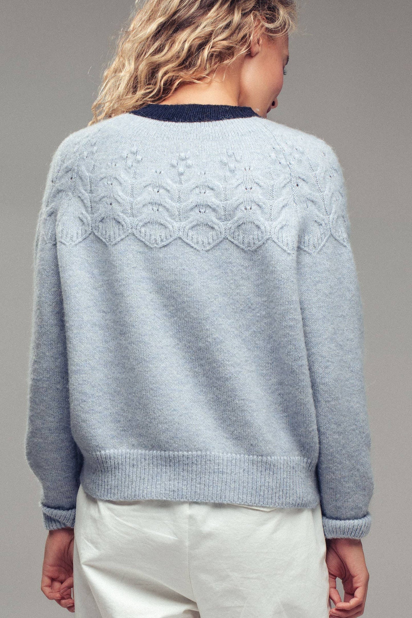 Light Blue w/ Navy Detail and Accent Buttons Cardigan Sweater